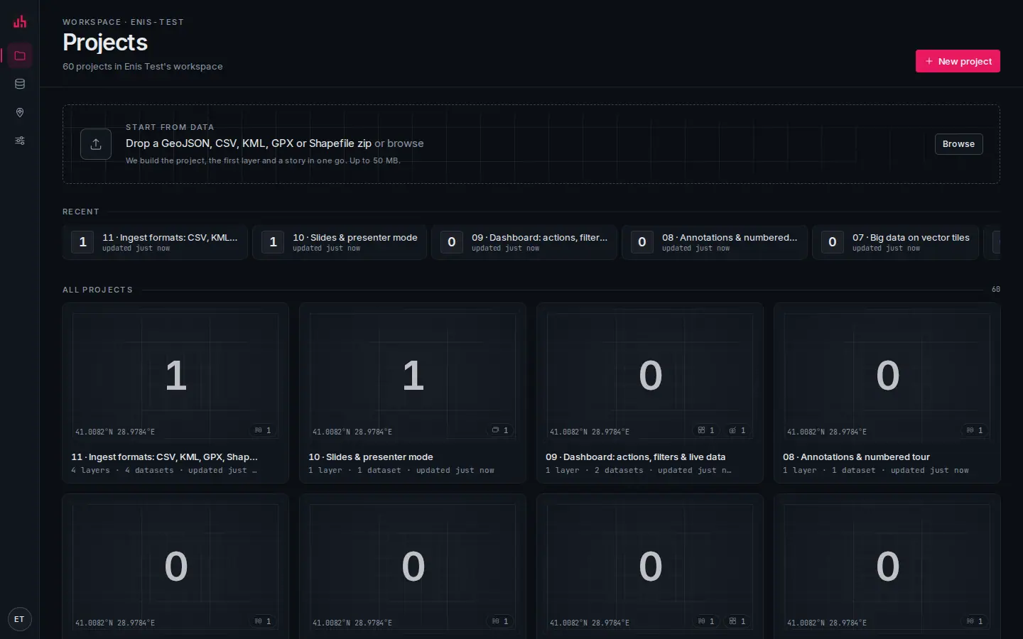 The Spatly app home: workspace rail, the start-from-data drop zone, recent projects and the project grid.