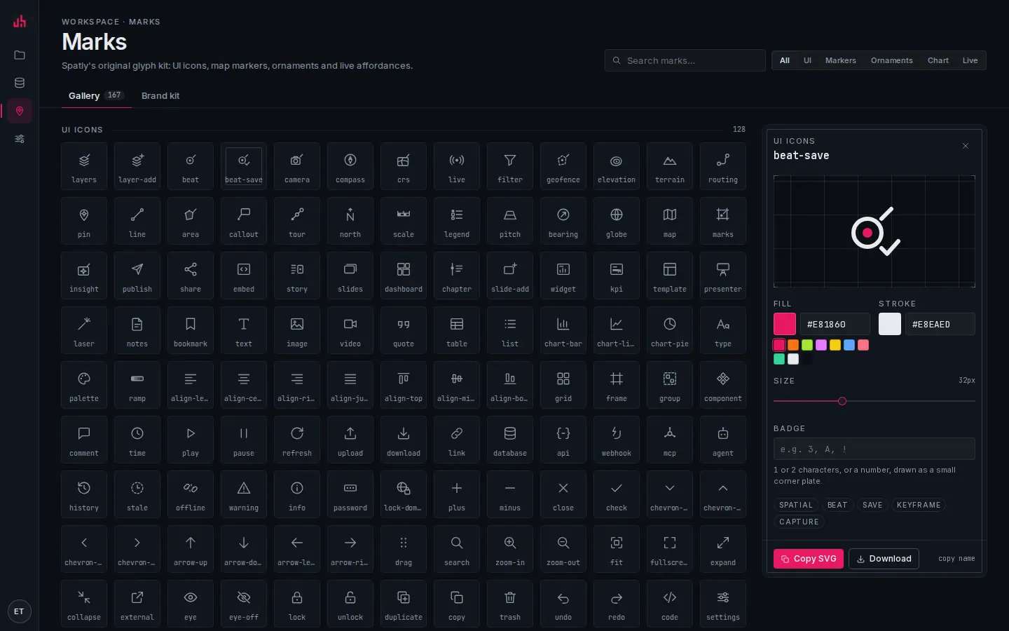 The Marks gallery with a mark selected: fill, stroke, size, badge, tags and the export buttons.