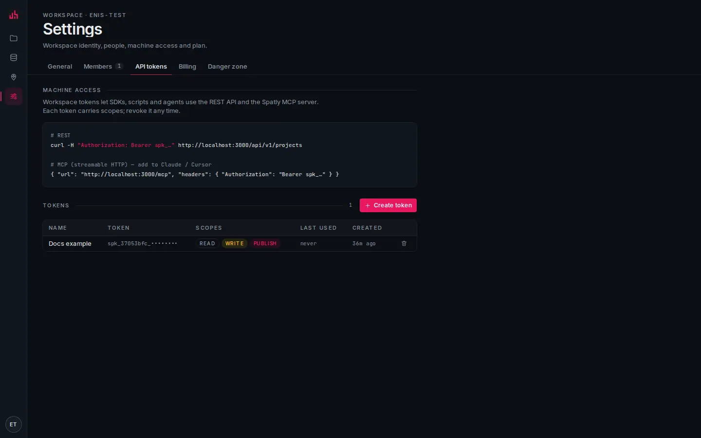Workspace settings with the API tokens section: token prefixes, scopes, last use and the client snippets.