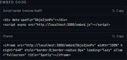 The embed code panel on the share page: the script loader and the plain iframe, each with a copy button.