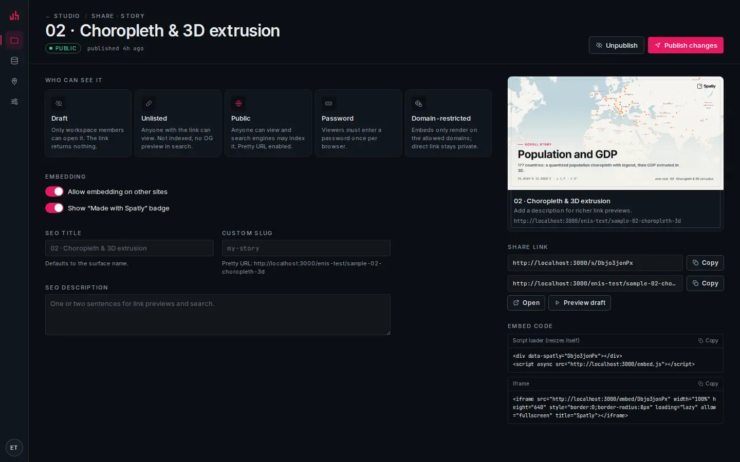 The share page: visibility states, embedding toggles, SEO fields, the OG preview, share links and embed code.
