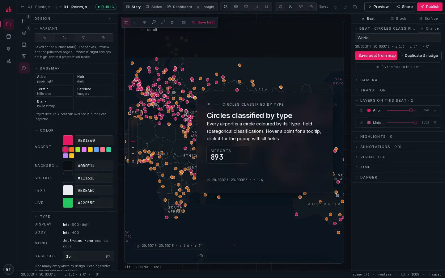 The Design panel: variant, basemap, colour tokens, type and shape/chrome.
