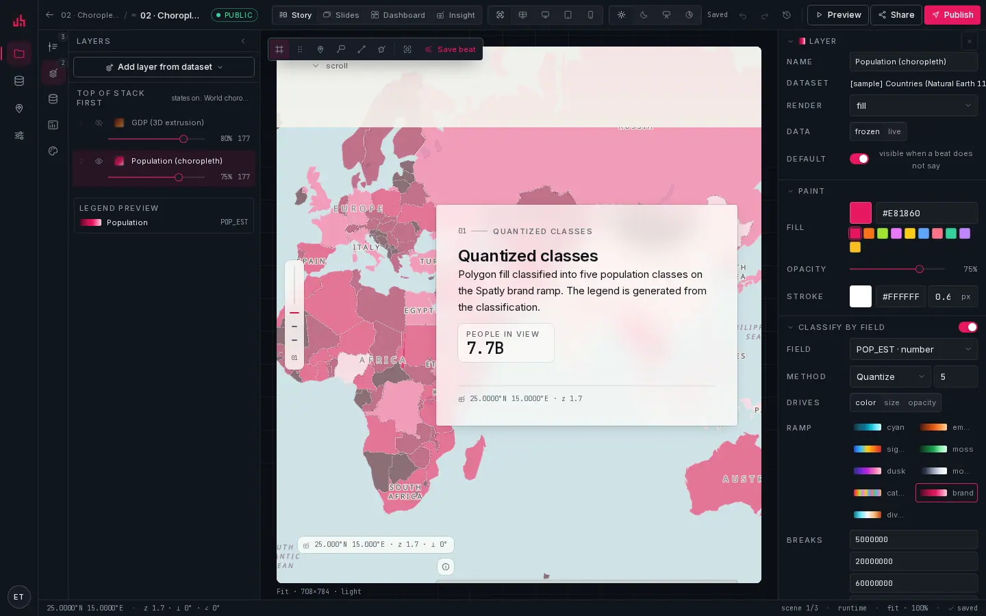 The Layers panel and the layer inspector: stack, legend preview, render type, paint and a quantized classification.