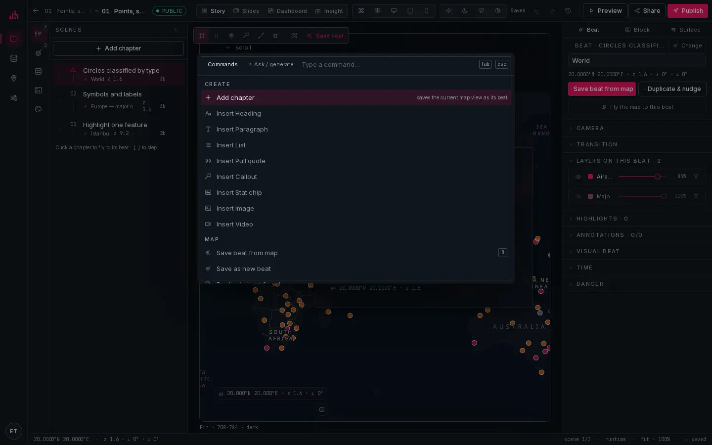 The ⌘K command palette with the Commands and Ask/generate tabs.