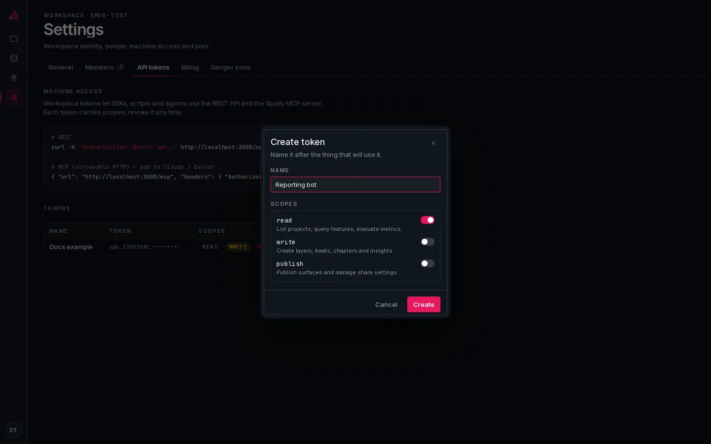 Creating a workspace token: a name and three scope switches.