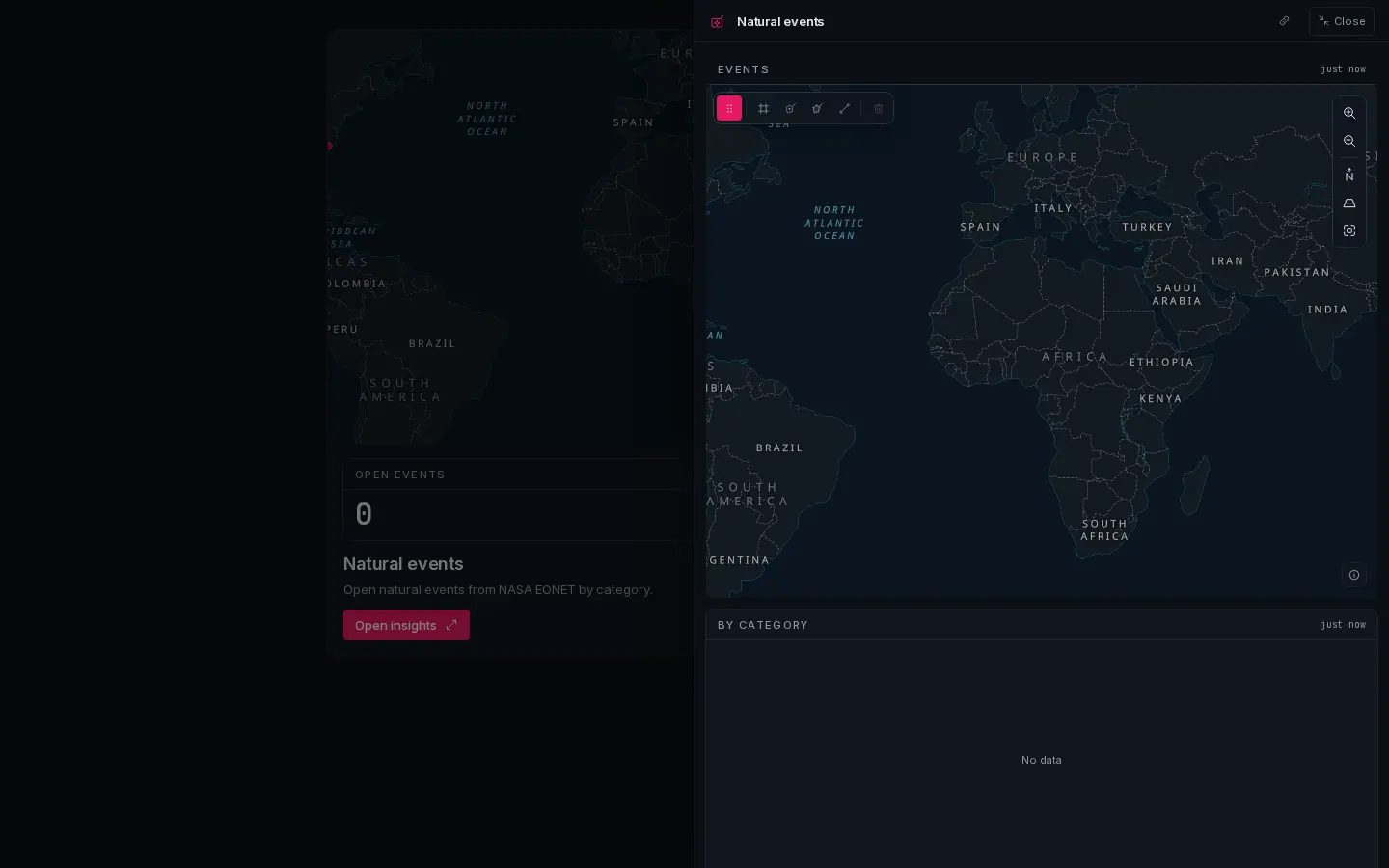 The same container expanded into a drawer: full map, category chart and a feature table.