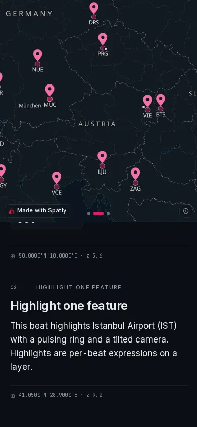 The same story at 390 px: the map is a sticky header and the chapters scroll beneath it.