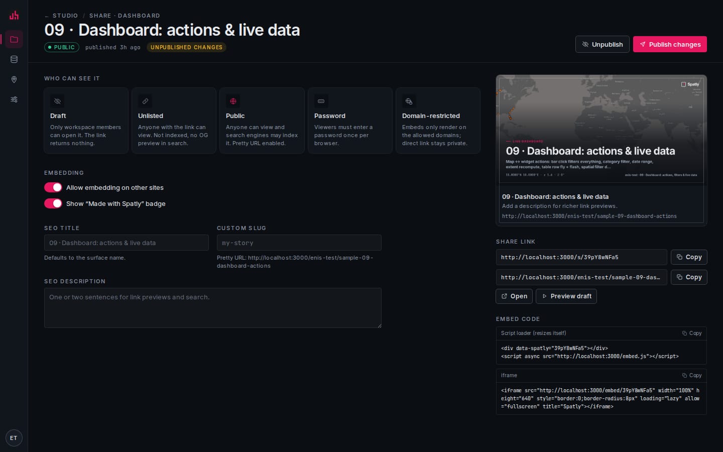 Share settings: visibility states, password, domains, embed code, badge and SEO preview