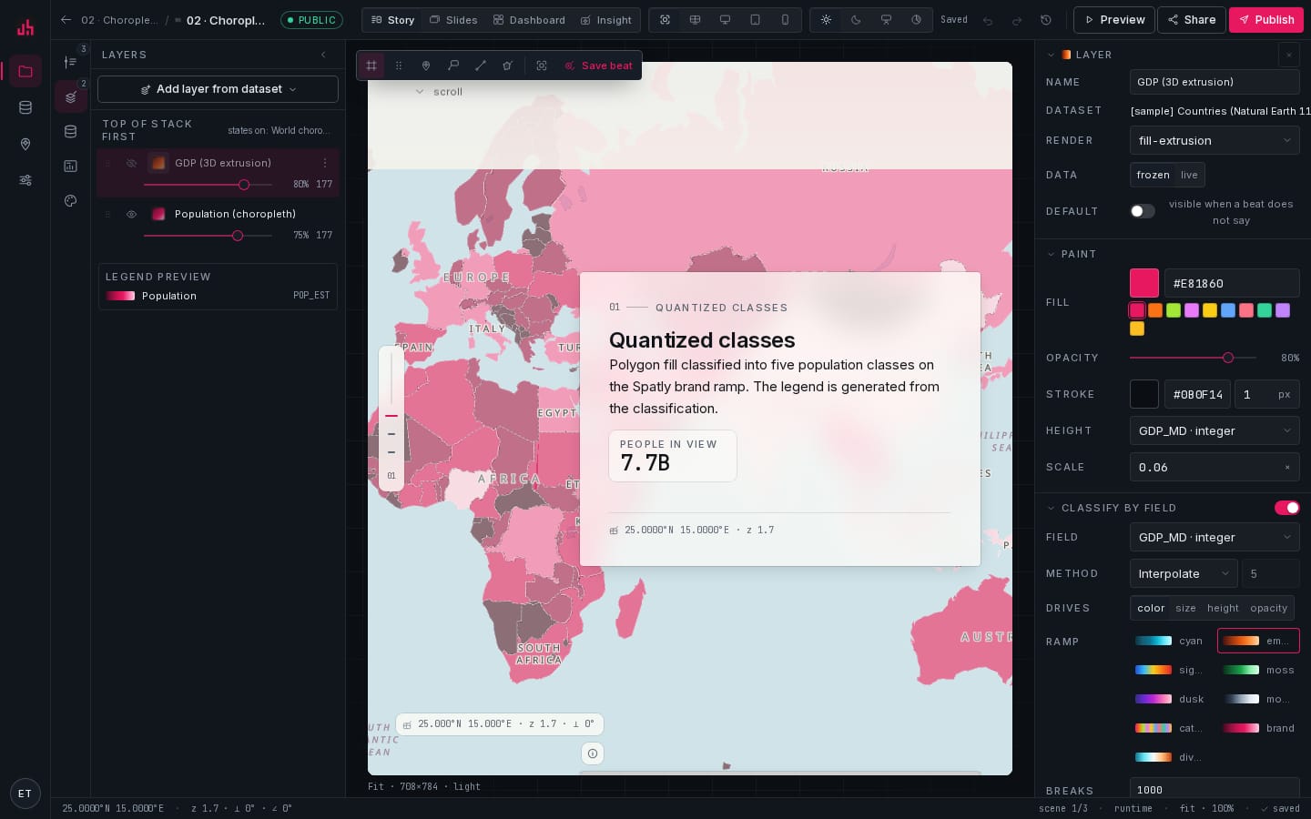 Layer style editor: classification, ramp, opacity and legend for a choropleth layer