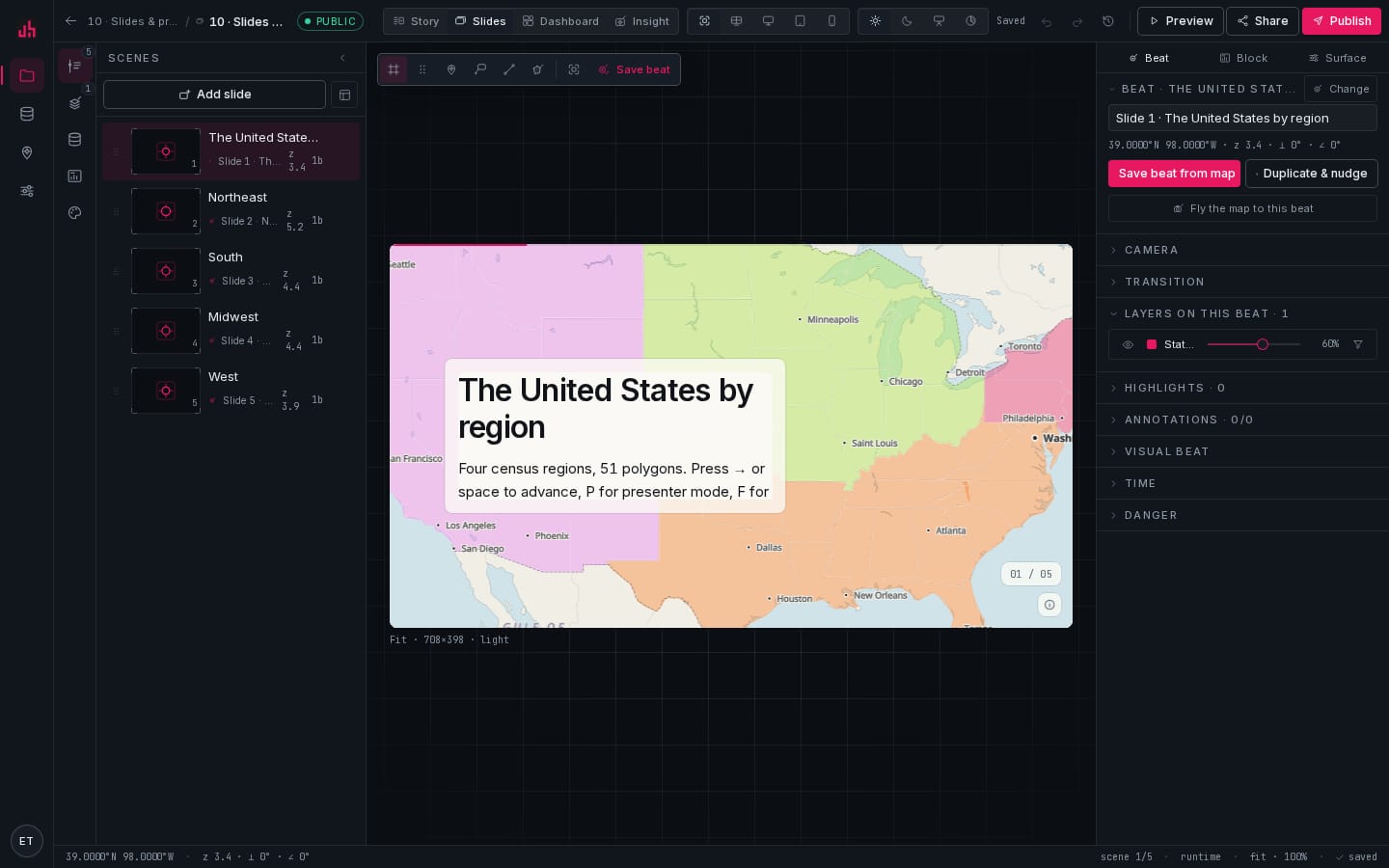 Spatly Studio in slides mode: 16:9 canvas with frames over the map, slide list on the rail