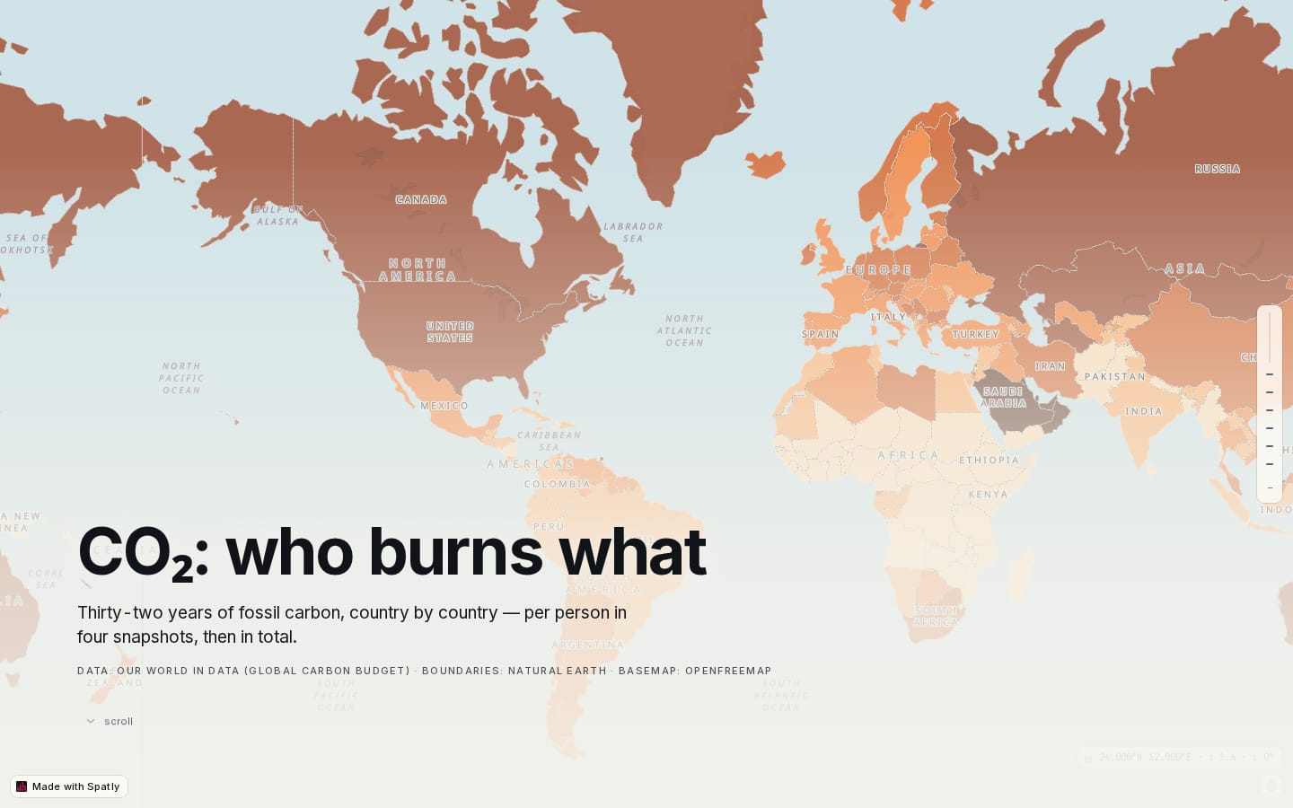CO₂: who burns what: per-capita choropleth story cover on the atlas basemap