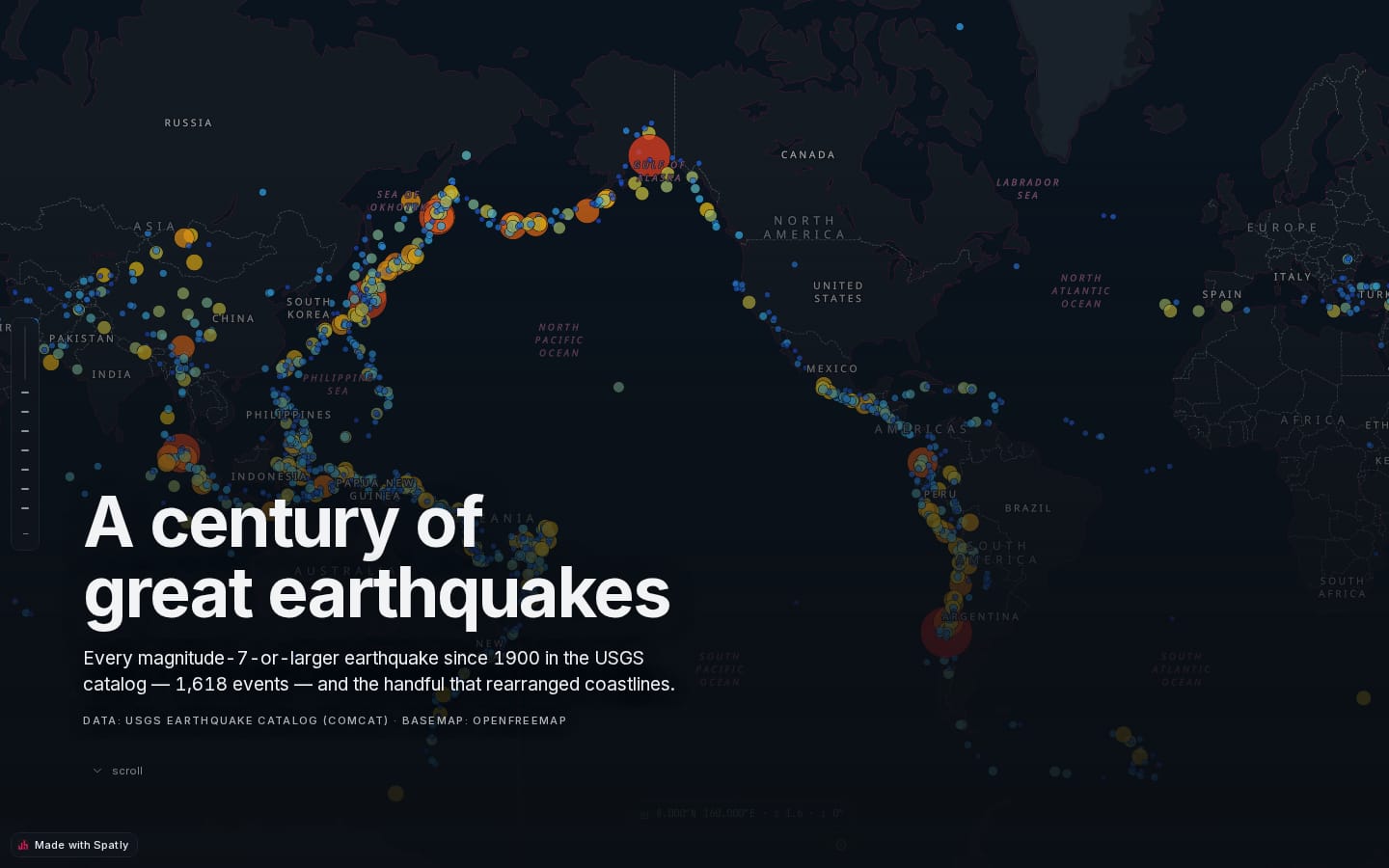 A century of great earthquakes: story cover with 1,618 M7+ events on a dark basemap