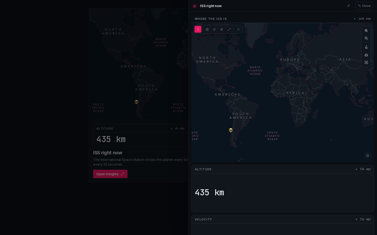 ISS right now: expanded insight drawer with the map, KPIs and the latest record