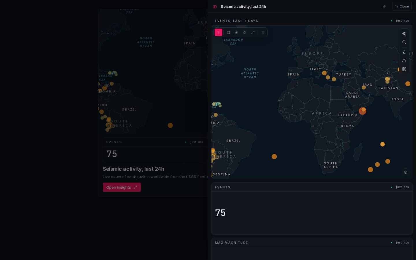 Seismic activity: expanded insight drawer with the map, KPIs and the latest record