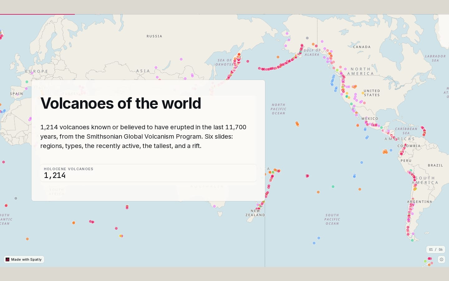 Volcanoes of the world: title slide over an atlas basemap
